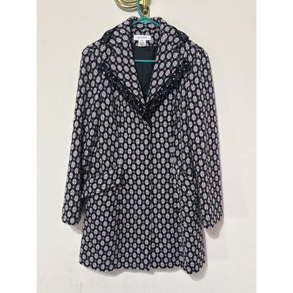 Nine West Wool Blend Coat Women M Purple Black Beaded Lapel Geometric Tweed